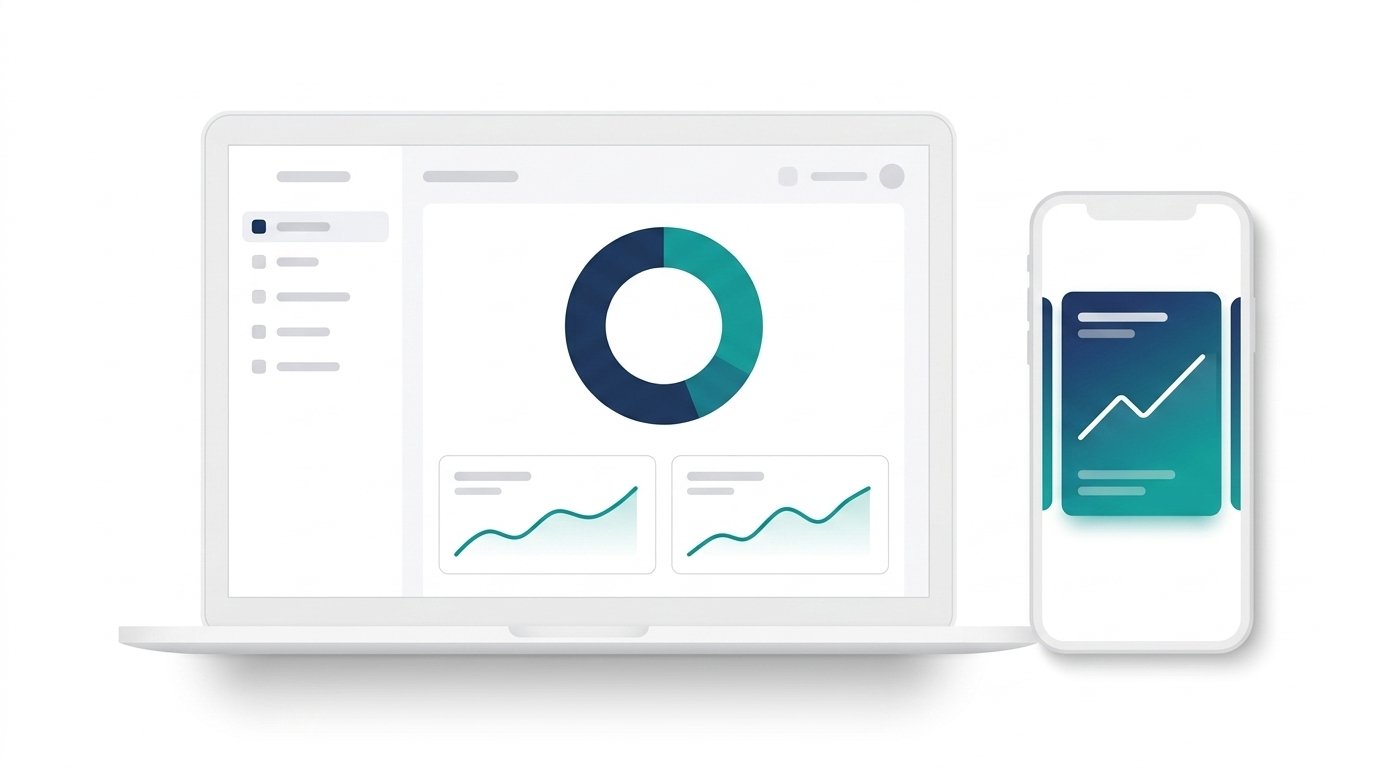 Analytics dashboard and mobile summary illustration for outreach performance tracking